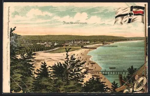 Lithographie Binz, Gesamtansicht mit Strand, Fahne