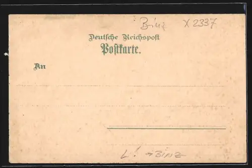 Lithographie Binz, Gesamtansicht mit Strand, Fahne