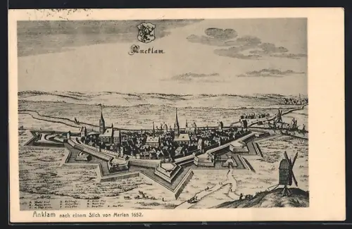 Künstler-AK Anklam, Ortsansicht von einem Stich von Merlan 1652