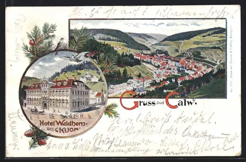 Lithographie Calw, Hotel Waldhorn, Ortsansicht
