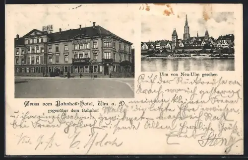 AK Ulm a. D., Bahnhof-Hotel, Teilansicht von Neu-Ulm gesehen