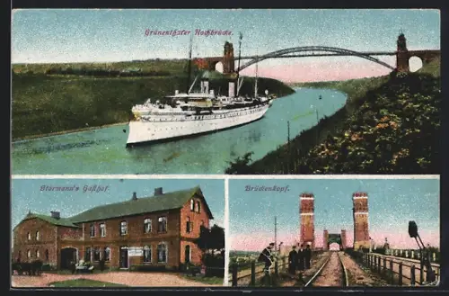 AK Beldorf, Gasthof Störmann, Grünenthaler Hochbrücke mit Dampfer, Brückenkopf