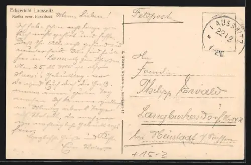 AK Laussnitz, Erbgericht mit Zeppelin im Hintergrund