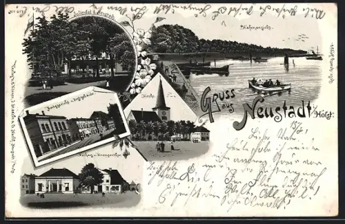 Lithographie Neustadt / Holstein, Cafe Julienbad, Amtsgericht und Post, Rathaus, Kirche