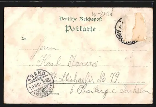 Lithographie Neustadt / Holstein, Cafe Julienbad, Amtsgericht und Post, Rathaus, Kirche