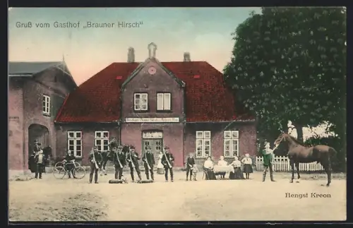 AK Neumünster, Gasthof Brauner Hirsch mit Hengst Kreon