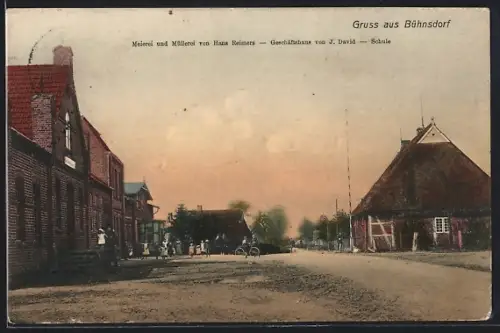 AK Bühnsdorf, Meierei und Müllerei von Hans Reimers, Geschäftshaus von J. David