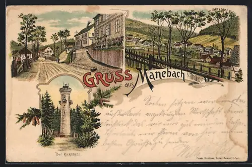 Lithographie Manebach /Th., Strassenpartie, Ortsansicht, Turm Kickelhahn