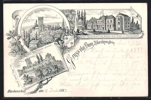 Lithographie Blankenstein / Ruhr, Hotel-Restaurant von Gustav vom Stein jr., Burg v. d. Nordseite & Südseite gesehen