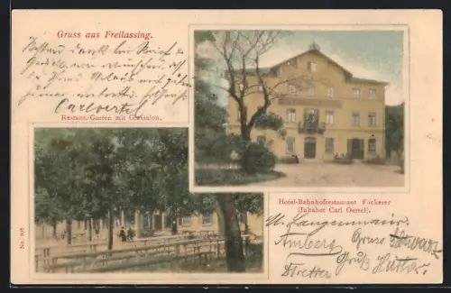 AK Freilassing, Hotel Bahnhofrestaurant Föckerer, der Restauran tgarten mit dem Glassalon