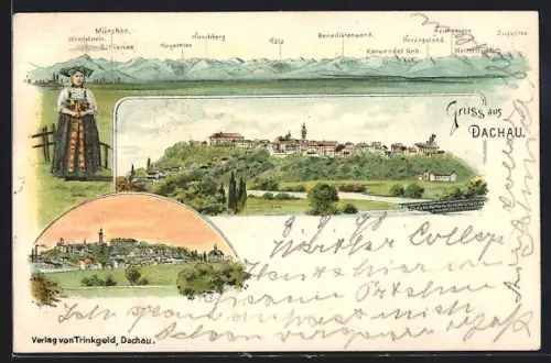 Lithographie Dachau, Teilansichten, Bergpanorama mit Zugspitze, Herzogstand und Tölz