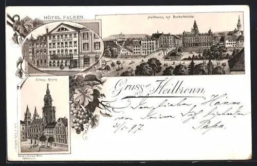 Lithographie Heilbronn, Hotel Falken, Kilians-Kirche, Teilansicht mit Neckarbrücke