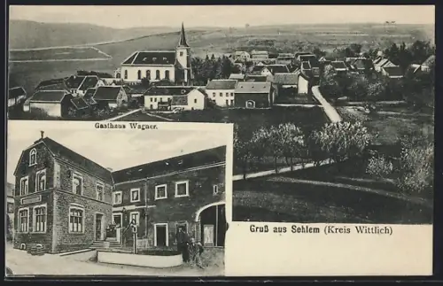 AK Sehlem /Kreis Wittlich, Gasthaus Wagner, Teilansicht mit Kirche