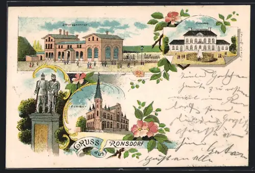 Lithographie Ronsdorf, Rathaus, Postamt, Staatsbahnhof