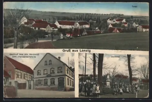 AK Lonzig, Totalansicht, Gasthof Heckardt, Denkmal mit Kindergruppe