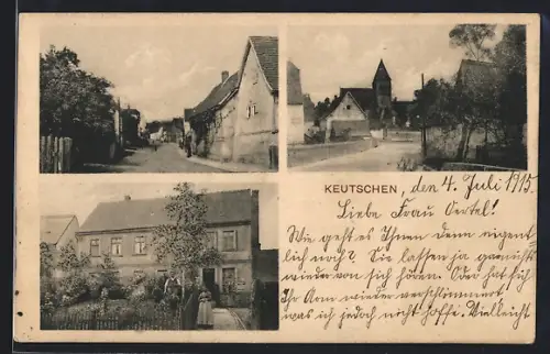AK Keutschen, Gasthaus, Strassenpartie mit Kirche