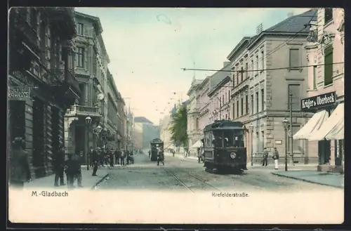 AK M.-Gladbach, Krefelderstrasse mit Geschäften und Strassenbahn