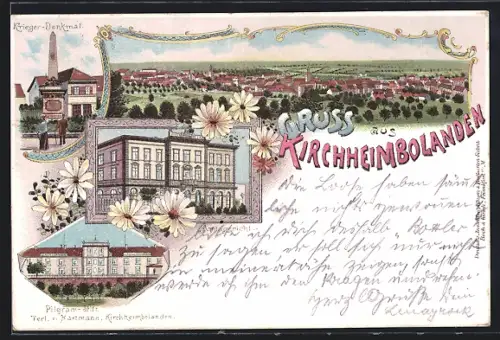 Lithographie Kirchheimbolanden, Hotel, Pilgram-Stift, Krieger-Denkmal