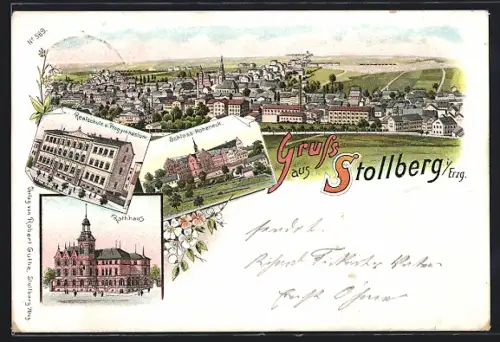 Lithographie Stollberg i. Erzg., Realschule und Progymnasium, Rathaus, Schloss Hoheneck