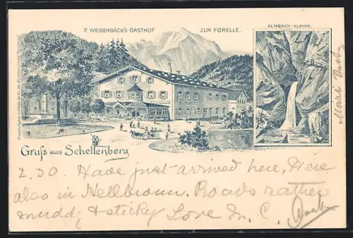 Lithographie Schellenberg / Obb., F. Weisenbäcks Gasthof zur Forelle, Almbachklamm