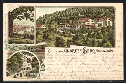 Lithographie Hann.-Münden, Gasthaus Andree`s Berg, Garten, Teilansicht von Münden