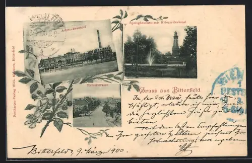 AK Bitterfeld, Kaiserstrasse, Actien-Brauerei, Springbrunnen mit Kriegerdenkmal