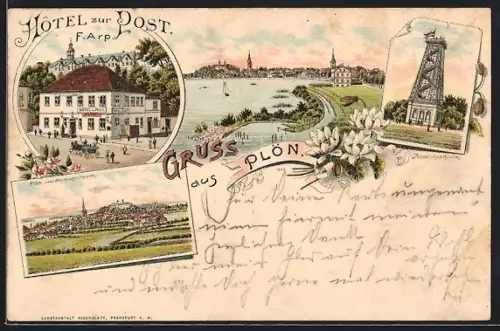 Lithographie Plön, Hotel zur Post, Aussichtsturm, Gesamtansicht aus der Ferne