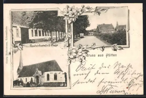 AK Hütten / Schleswig, Gastwirthschaft v. J. Hagge, Kirche