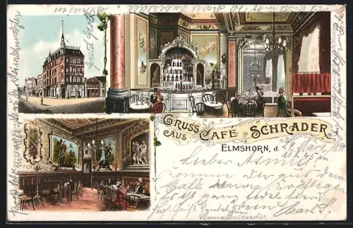 Lithographie Elmshorn, Restaurant-Cafe Schrader mit Innenansichten