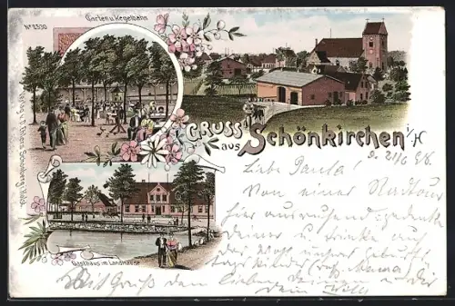 Lithographie Schönkirchen i. H., Gasthaus im Landhause, Garten und Kegelbahn, Teilansicht