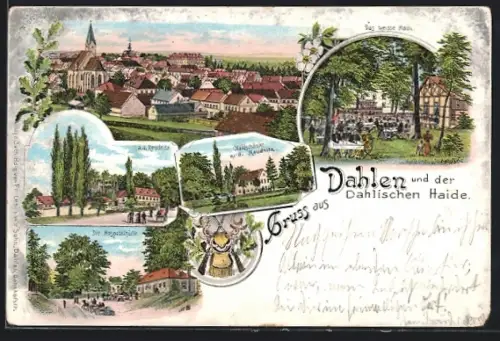 Lithographie Dahlen / Sachsen, Gasthaus Waldschänke a. d. Reudnitz, Gasthaus weisses Haus, Gasthaus Hospitalhütte