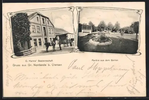 AK Gr. Nordende b. Ütersen, C. Harms`s Gasthof und Partie aus dem Garten