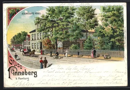 Lithographie Pinneberg, Schmüsers Hotel und Flaneure