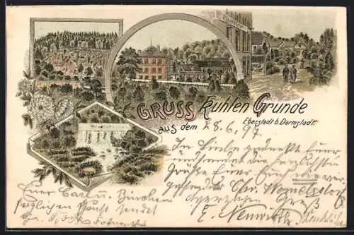 Lithographie Eberstadt b. Darmstadt, Gasthaus zum kühlen Grunde, Strassenpartie, Ortspartie