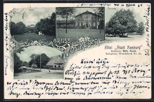 Lithographie Hamburg-Volksdorf, Hotel Stadt Hamburg, Friedenseiche