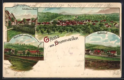 Lithographie Bronnweiler, Bahnhof, Mechanische Buntweberei, Schulhaus und Rose