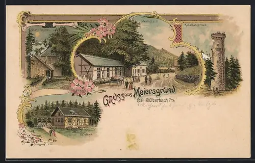 Lithographie Stützerbach, Meiersgrund, Goethe-Häuschen, Kickelhahnsthurm, Gasthaus Gabelbach
