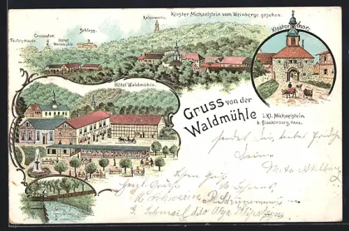 Lithographie Blankenburg i. H., Hotel Waldmühle in Kl. Michaelstein, Strassenpartie am Klostertor