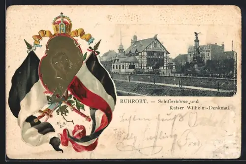 Passepartout-Lithographie Ruhrort, Schifferbörse und Kaiser Wilhelm-Denkmal