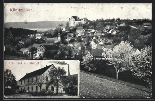 AK Könitz, Thür., Gasthaus z. Bahnhof mit Panorama