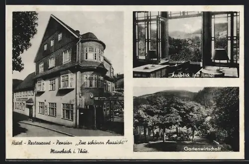 AK Manebach i. Thür., Hotel-Restaurant-Pension Zur schönen Ausicht, Ausblick ins Ilmtal, Gartenwirtschaft