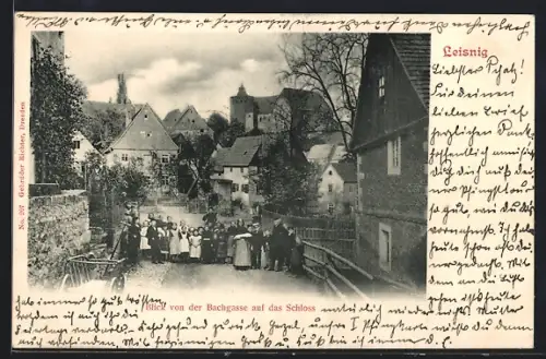 AK Leisnig, Schloss von der Strasse Bachgasse aus