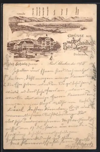 Lithographie Bad Schachen bei Lindau, Gasthaus von Joh. Schielin, Bergpanorama mit Hochberg, Mörzelspitz und Stauffen