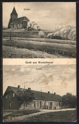 AK Westerhever, Blick zur Kirche, Partie an der Schule