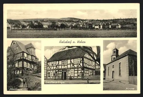 AK Halsdorf a. Wohra, Gasthaus Engel, Pfarrhaus, Kirche, Ortspanorama