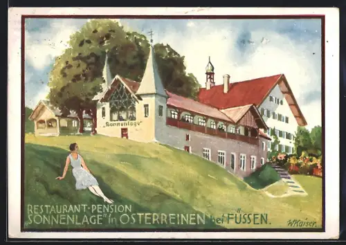 Künstler-AK sign. W. Kaiser: Osterreinen bei Füssen, Restaurant-Pension Sonnenlage