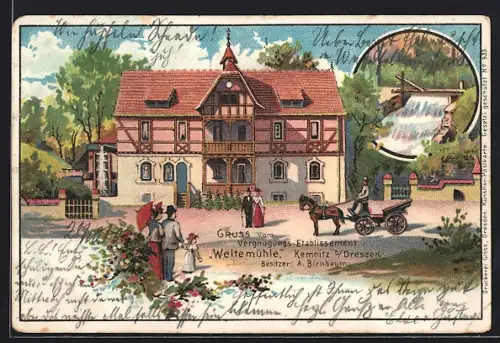 Lithographie Kemnitz / O.L., Pferdekutsche am Vergnügungs-Etablissement Weltemühle