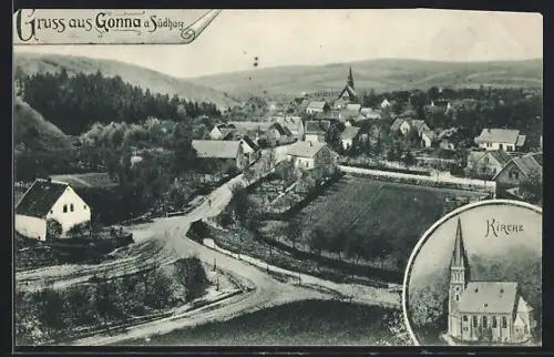 AK Gonna a. Südharz, Kirche, Ortsansicht aus der Vogelschau