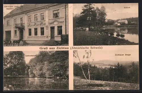 AK Zichtau, Wasserpartie, Gebäudeansicht