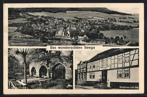 AK Seega im Wippertal, Gasthaus zum Bär, Bes. Paul Rössler, Ruine Arnsburg, Ortspanorama